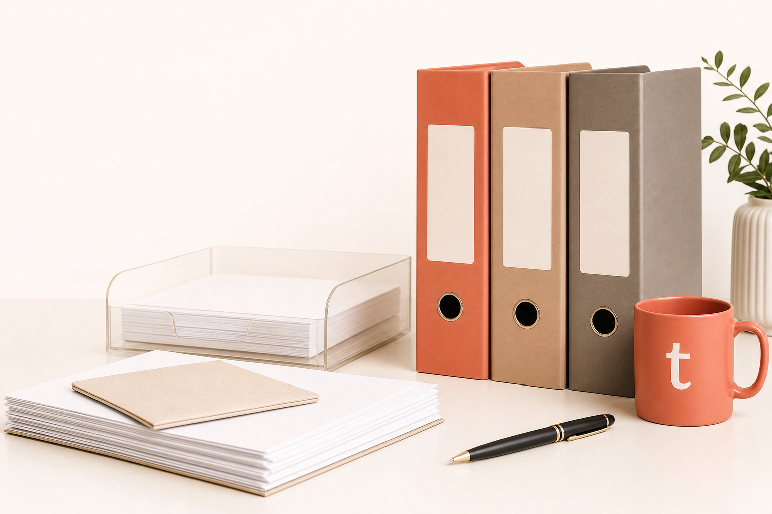 Classeurs, documents, tasse tialeo et papiers organisés pour la gestion administrative
