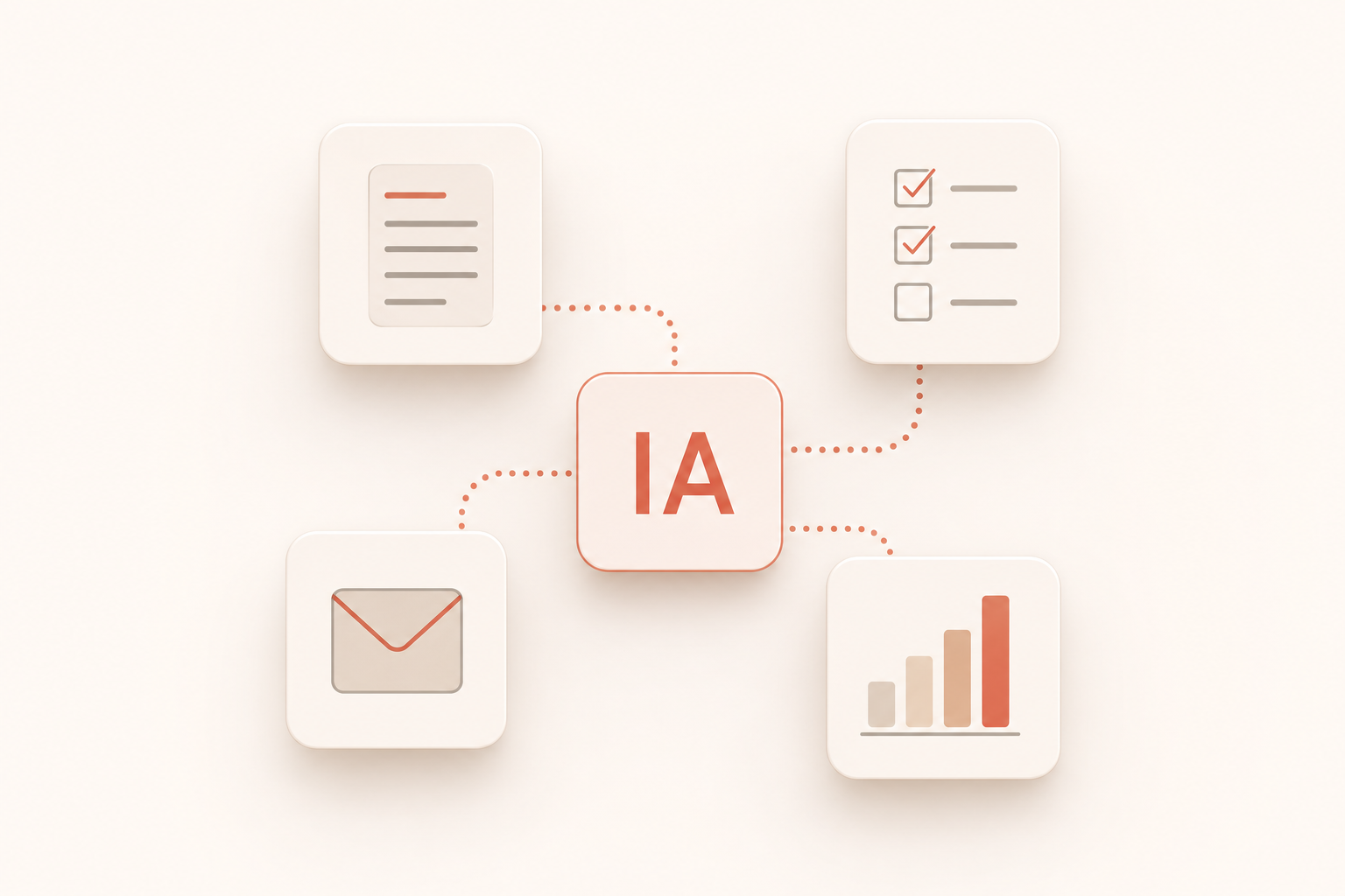 Schéma clair d’intelligence artificielle avec documents, e-mail, tâches et reporting reliés autour de IA