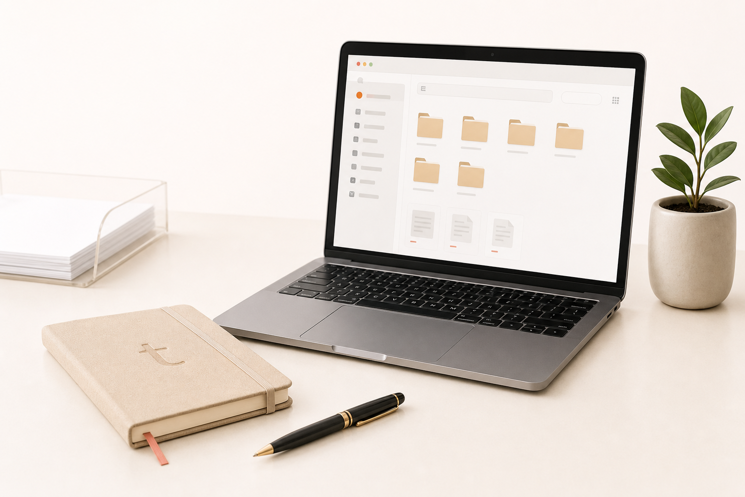 Ordinateur avec dossiers organisés, carnet, stylo et plante pour la gestion informatique