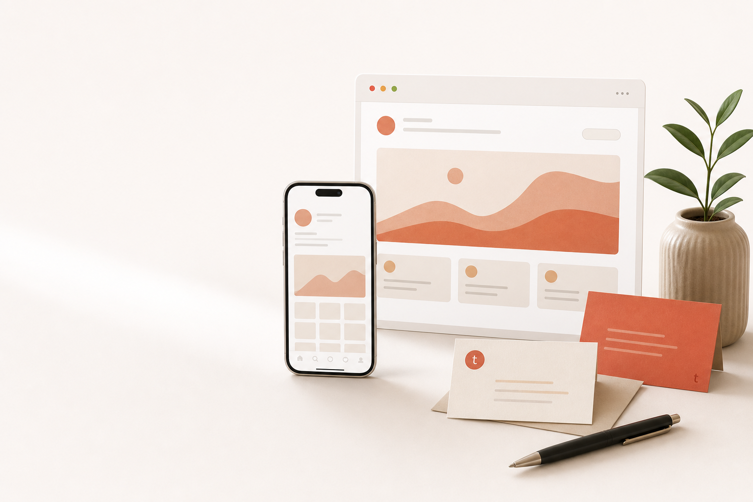 Téléphone, fenêtre web, cartes de communication et supports digitaux pour le marketing et le site internet